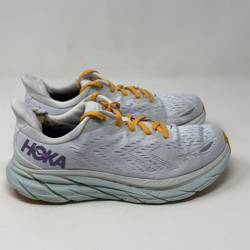 Hoka One One Clifton 8 Womens 8 W Wide White Blue Running Shoes Sneakers